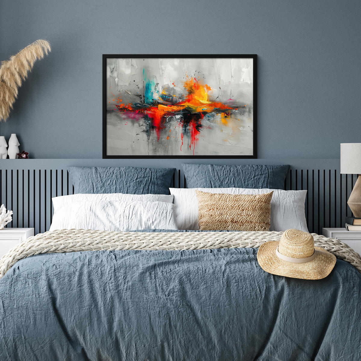 POSTER MIT RAHMEN Moderne Kunst - Orange - Grau - Abstrakt 90x60 cm - Hellgrau, Papier (90/60cm) - MuchoWow