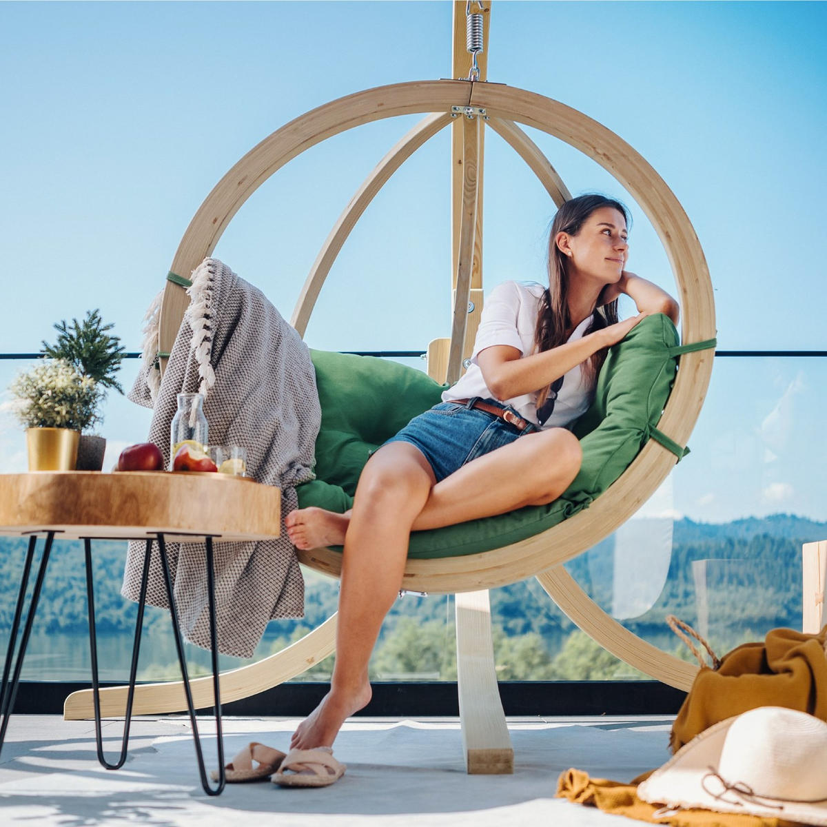HÄNGESESSEL mit Gestell HIGLO ,Grün - Grün, Holz/Textil (230/183/130cm) - KONSIMO®