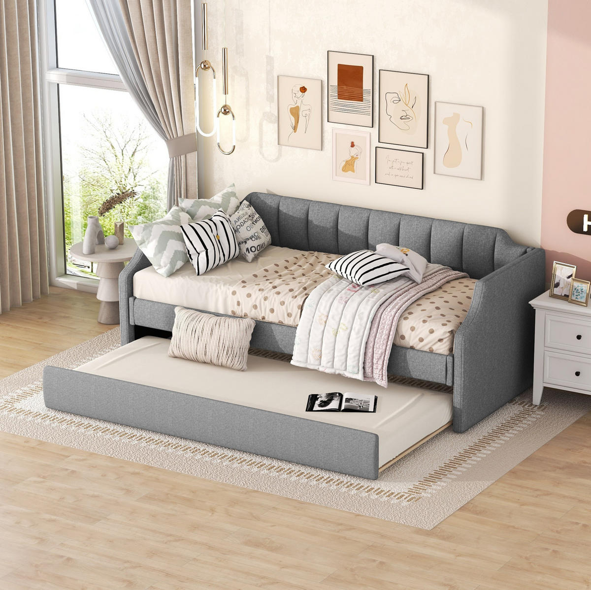 TAGESBETT 90/200 cm Grau Gepolstertes Einzelbett mit Rollbett - Grau, Textil (90/200cm) - OKWISH