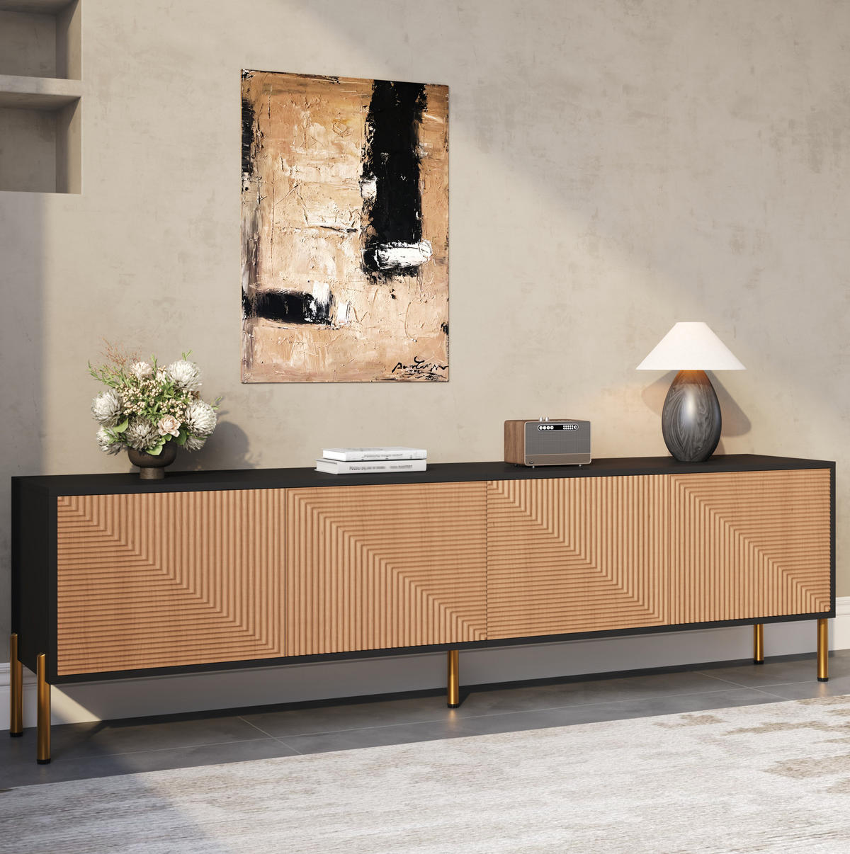 TV ormarić 179/35/53,5 cm crno-prirodni od iverice s 4 vrata i zlatnim metalnim nogama - svijetlo smeđa, drvni materijal (179/53.5/35cm) - OKWISH