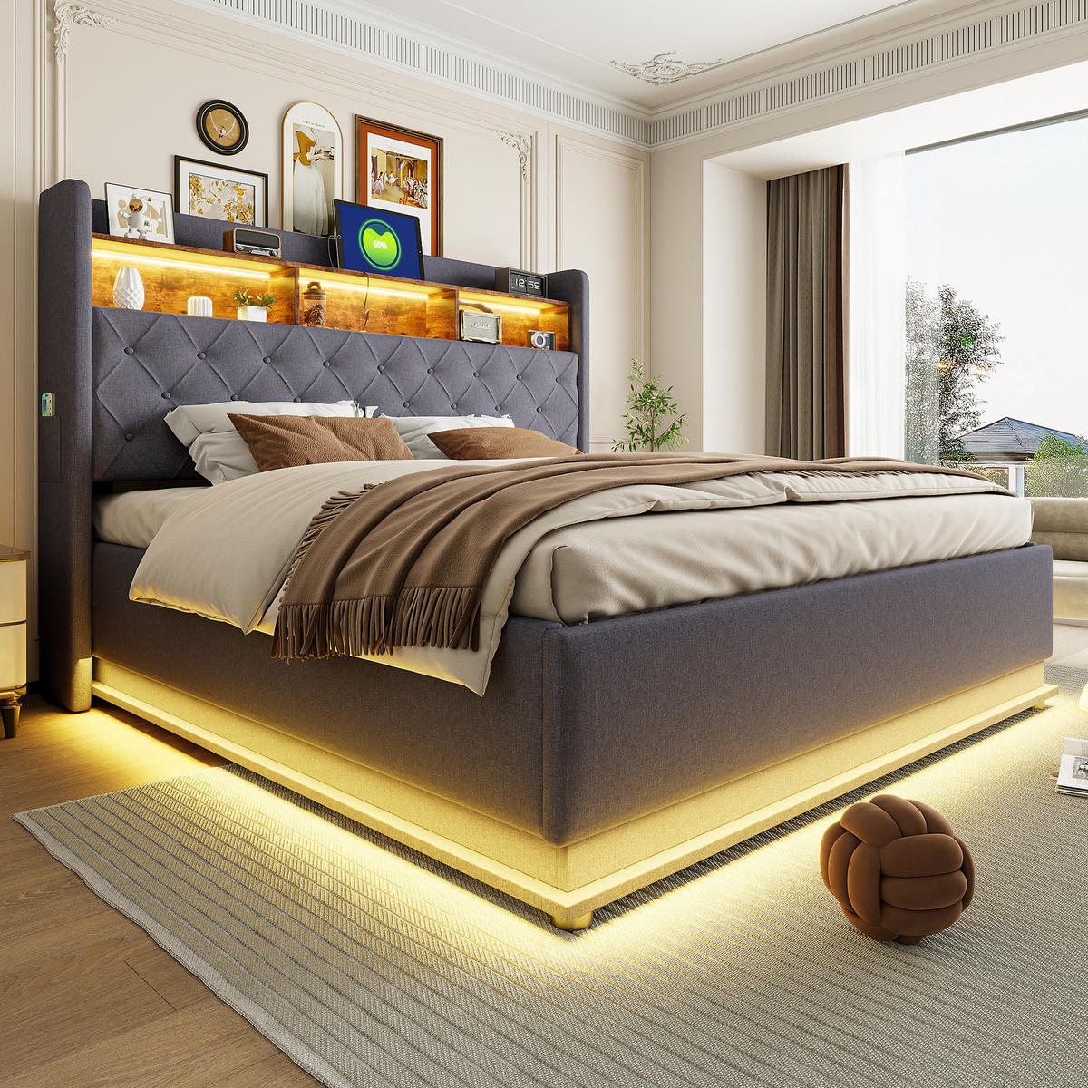 POLSTERBETT 180/200 cm Grau mit LED-Beleuchtung und USB-Anschluss aus Leinen - Grau, Textil (180/200cm) - OKWISH