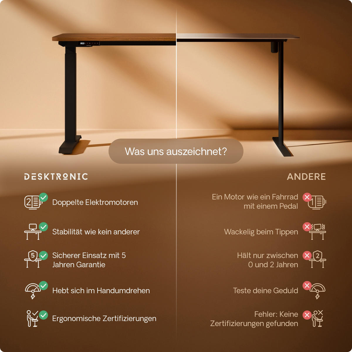 SCHREIBTISCH Elektrisch Höhenverstellbarer HomeOne 160x80cm Schwarz/Walnuss mit Memory-Funktion, Anti-Kollisions Technologie - Walnussfarben/Schwarz, Holzwerkstoff (80/160/72cm) - Desktronic