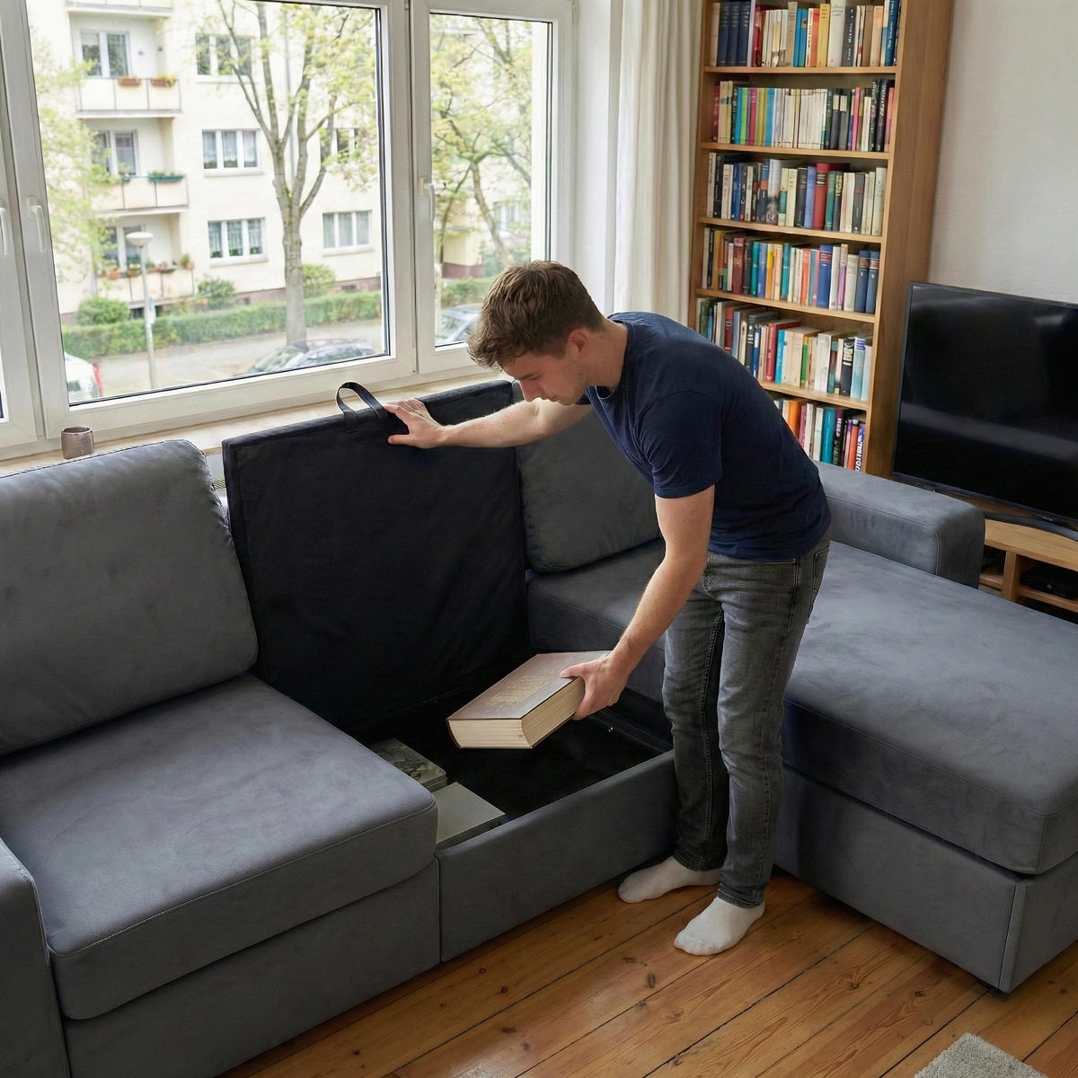 ECKSOFA Polyester Dunkelgrau mit Ottomane und Stauraum - Dunkelgrau, Holzwerkstoff/Textil (245.5/150.5cm) - WISHDOR