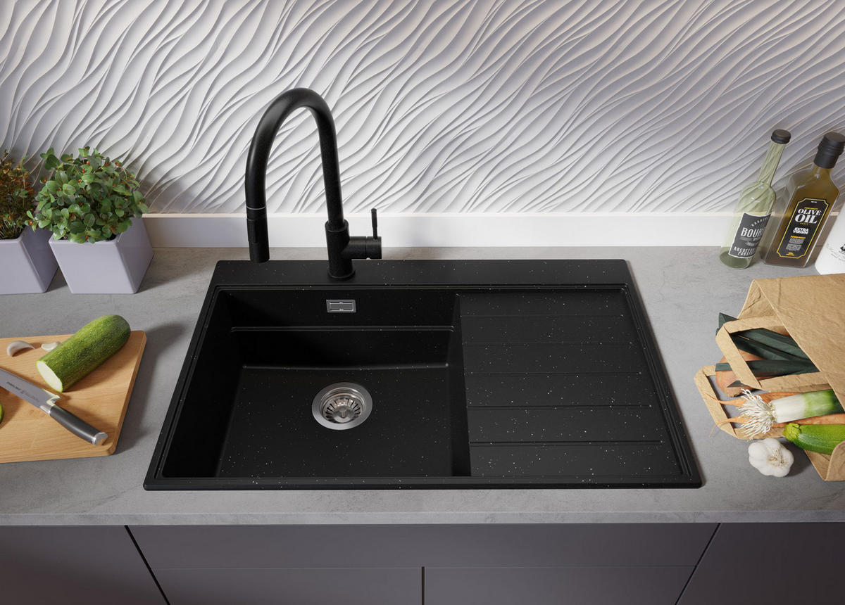 SPÜLBECKEN Sydney, 2-er set Schwarz Metallic 78/50 cm 1 Becken + Ablauf-Set + Küchenzubehörset ab 50er Unterschrank - Chromfarben/Schwarz Hochglanz, Kunststoff (78/20/50cm) - Primagran