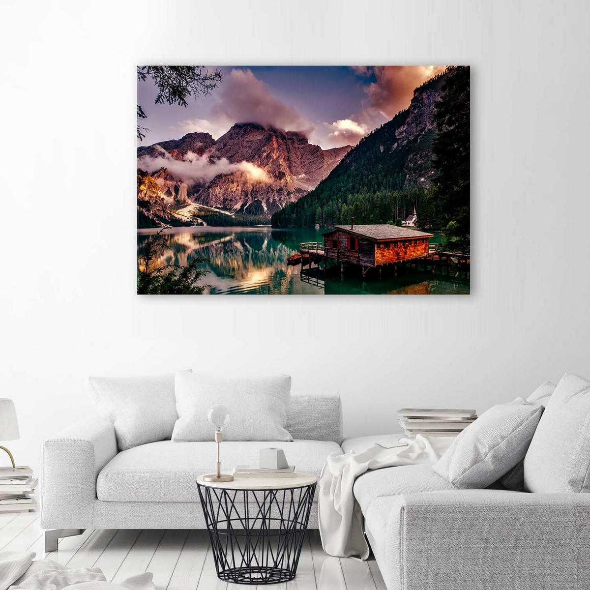 BILD AUF LEINWAND Hütte an einem Bergsee - Lila, Textil (120/80cm) - Feeby