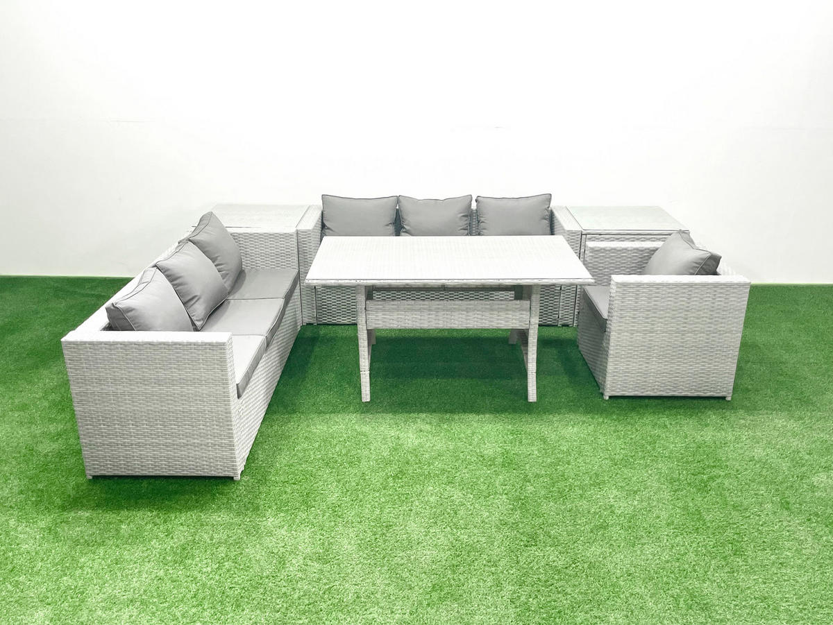 GARTENMÖBEL SET mit 3-Sitzer-Sofa und Sessel, Esstisch,2 Beistelltischen Polyrattan Hellgrau 7-Sitzer - Hellgrau/Grau, Glas/Kunststoff - Fimous