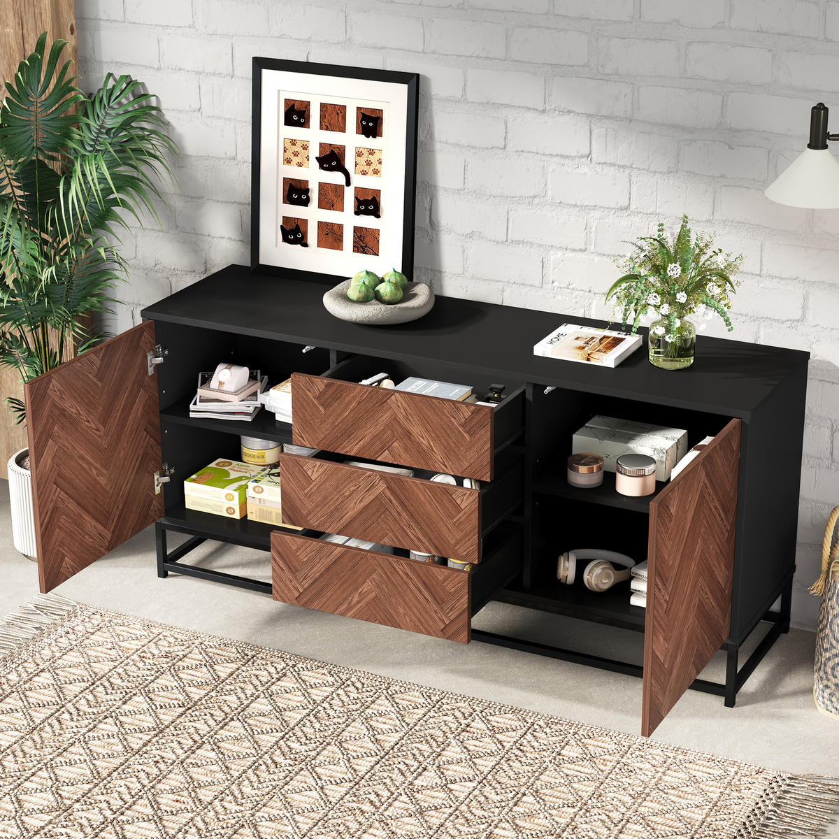 SIDEBOARD Holz Schwarz 3 Schubladen 2 Türen 145x40x67cm Metallrahmen - Multicolor, Holzwerkstoff (40/67/145cm) - FLIEKS