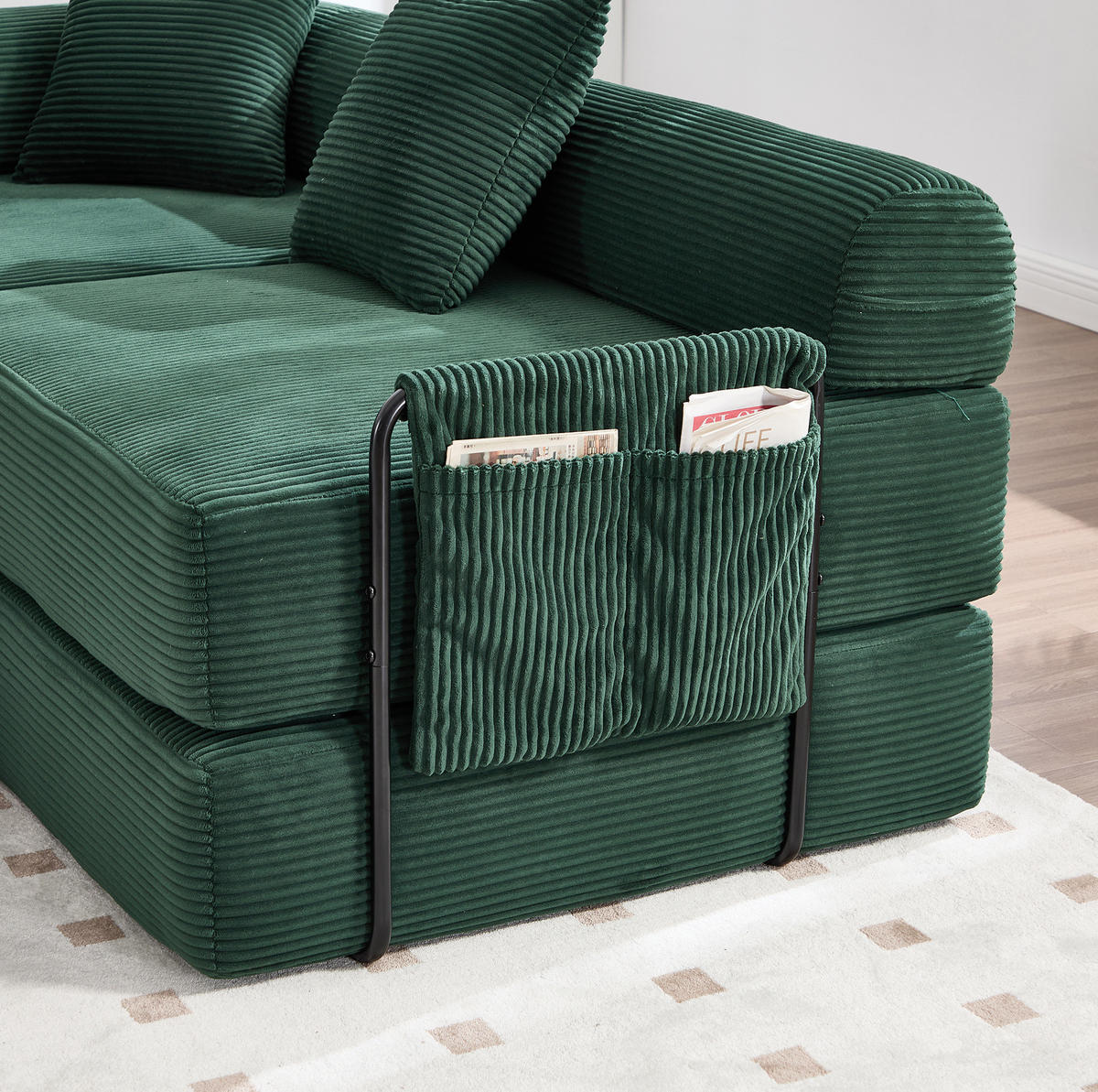 MODULARES Sofa 270/180/64 cm aus Cord mit Schlaffunktion und Seitentasche Smaragdgrün - Smaragdgrün, Textil (180/64/270cm) - Modenvie
