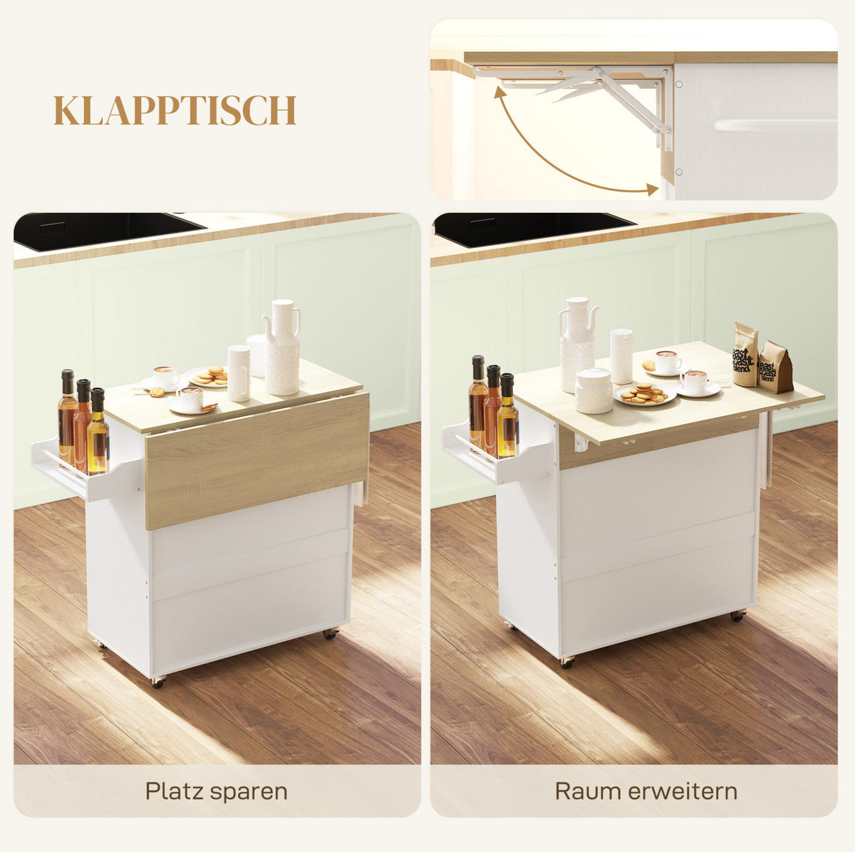 KÜCHENINSEL 42/106/87 cm Weiß mit klappbarer Platte - Weiß, Holzwerkstoff (106/87/42cm) - OKWISH