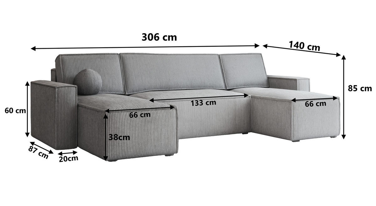 WOHNLANDSCHAFT PESANO P Graphitfarben Kordstoff mit Schlaffunktion - Graphitfarben, Holz (306/85/140cm) - MASSENO