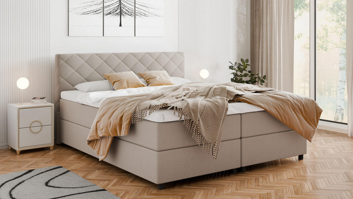 BOXBETT Diamaro 180x200 cm mit Bettkasten und Topper - Dunkelbeige - Beige, Holz (180/200cm) - Panda Möbel