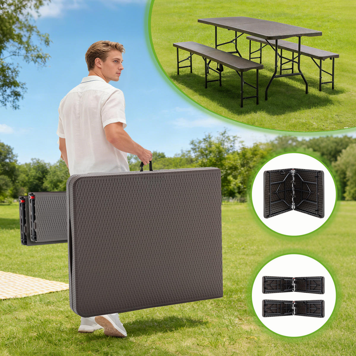 GARTENMÖBEL,1 Tisch+2 Bänke,braun - Braun, Kunststoff - Vallsero