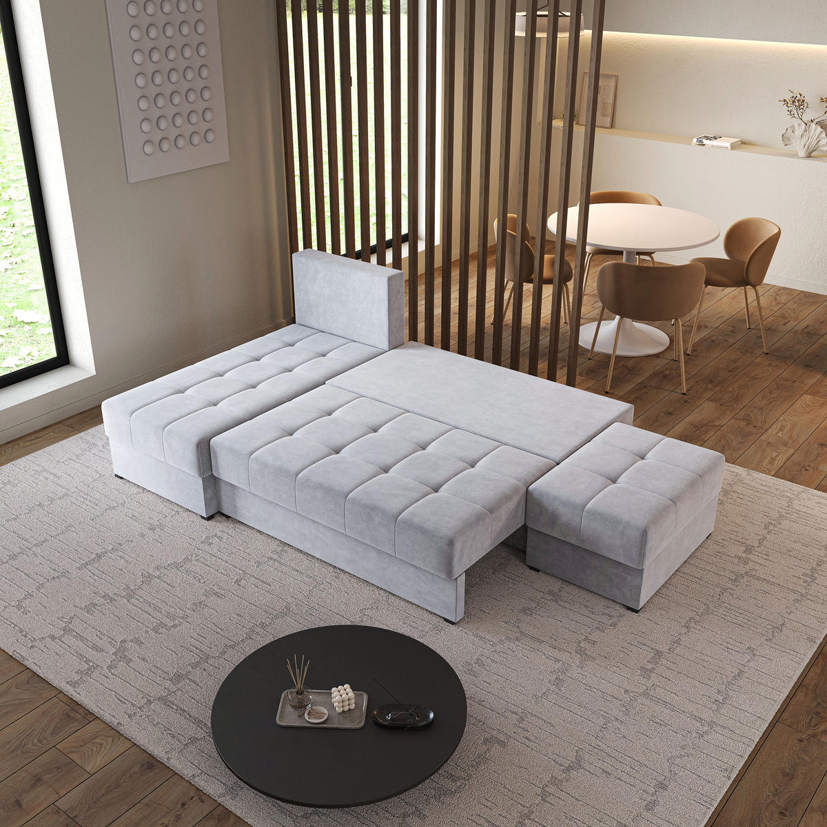 ECKSOFA NORVI Hellgrau Plüsch-Stoff mit Schlaffunktion - Hellgrau, Holz (251/143cm) - MASSENO