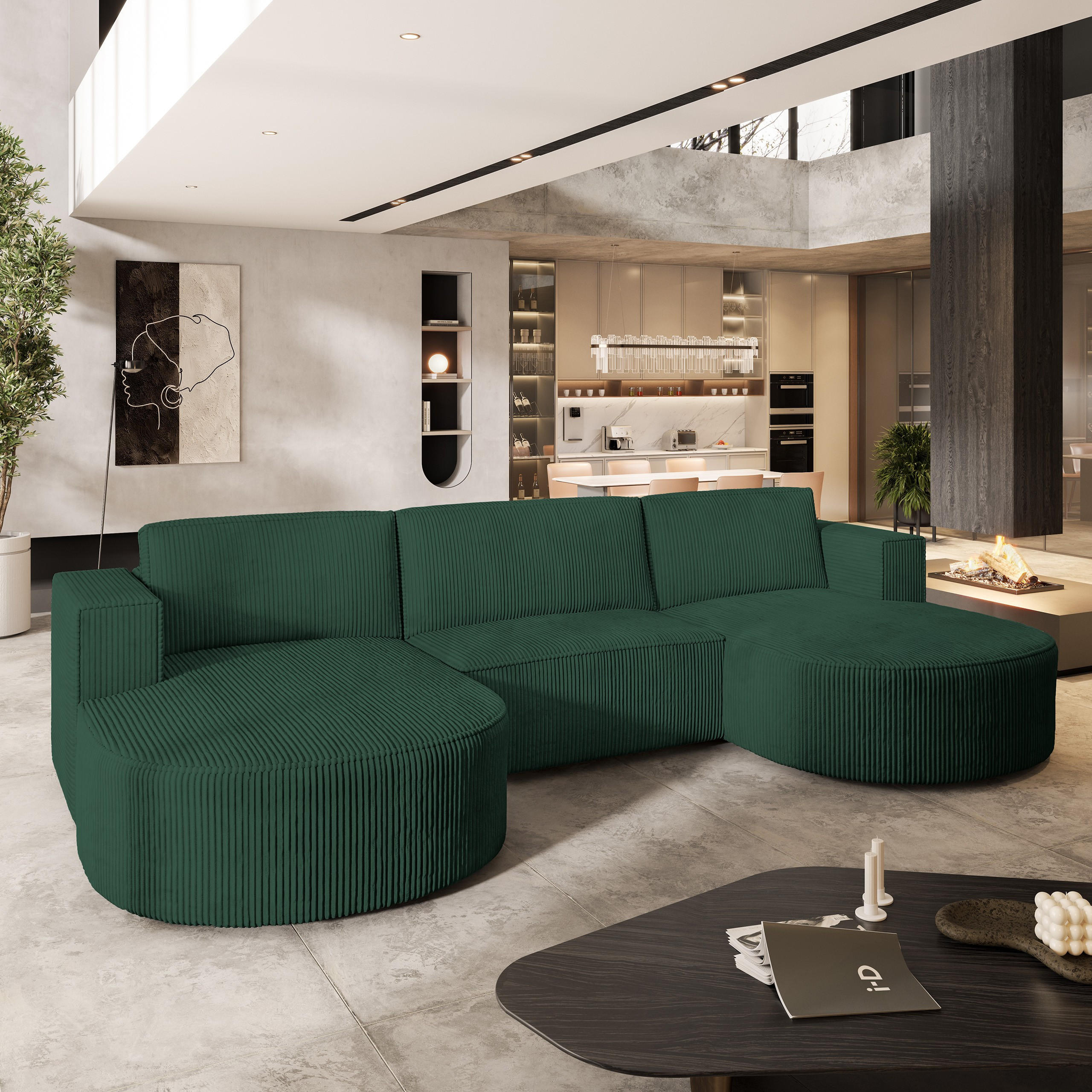 WOHNLANDSCHAFT VEZZO P Grün Kordstoff mit Schlaffunktion - Grün, Holz (347/85/174cm) - MASSENO