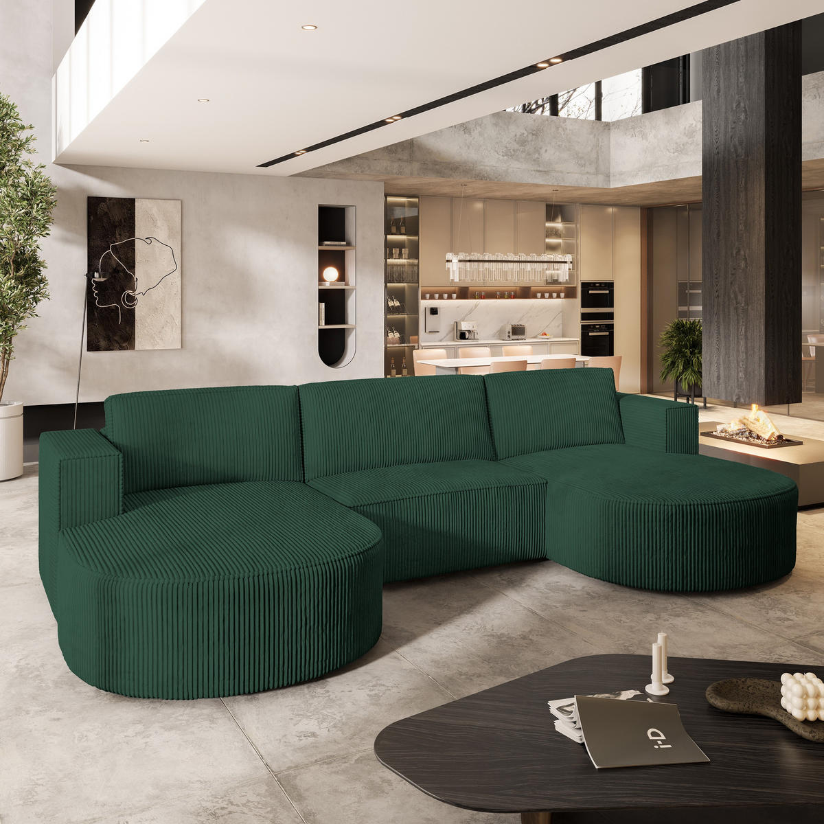 WOHNLANDSCHAFT VEZZO P Grün Kordstoff mit Schlaffunktion - Grün, Holz (347/85/174cm) - MASSENO