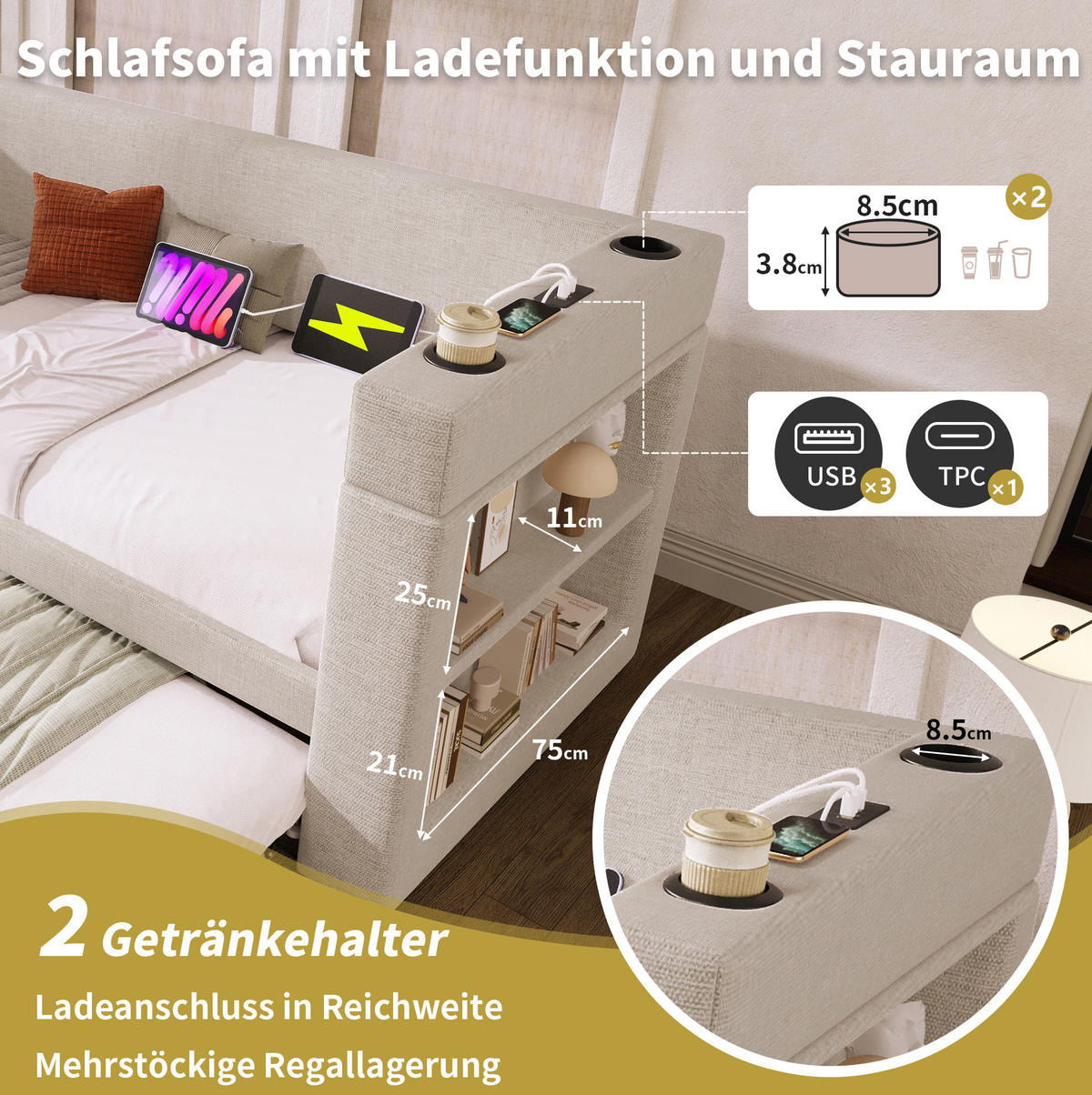 POLSTERBETT aus Baumwoll-Leinen 90x200 cm in Beige mit Ausziehbett & Ladestation - Beige, Textil (90/200cm) - Modfu