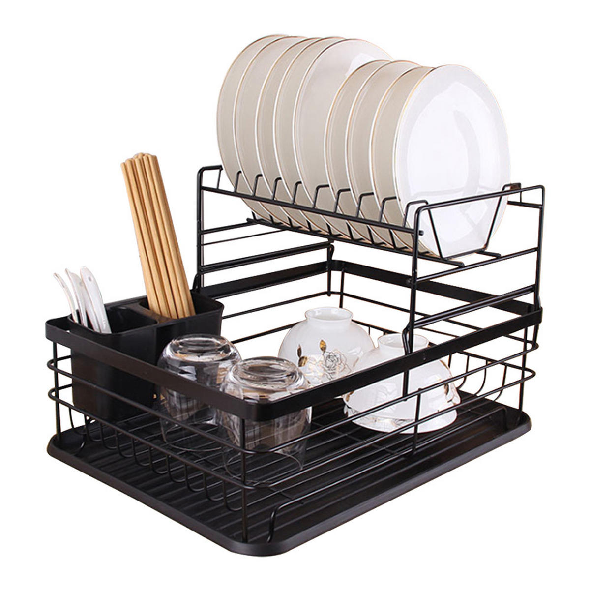 JAPANISCHER Eisen Geschirraufbewahrungsständer Tellerständer multifunktionaler Küchenständer großer Abtropfständer schwarz - Schwarz, Metall (43/27/32cm) - Livingandhome