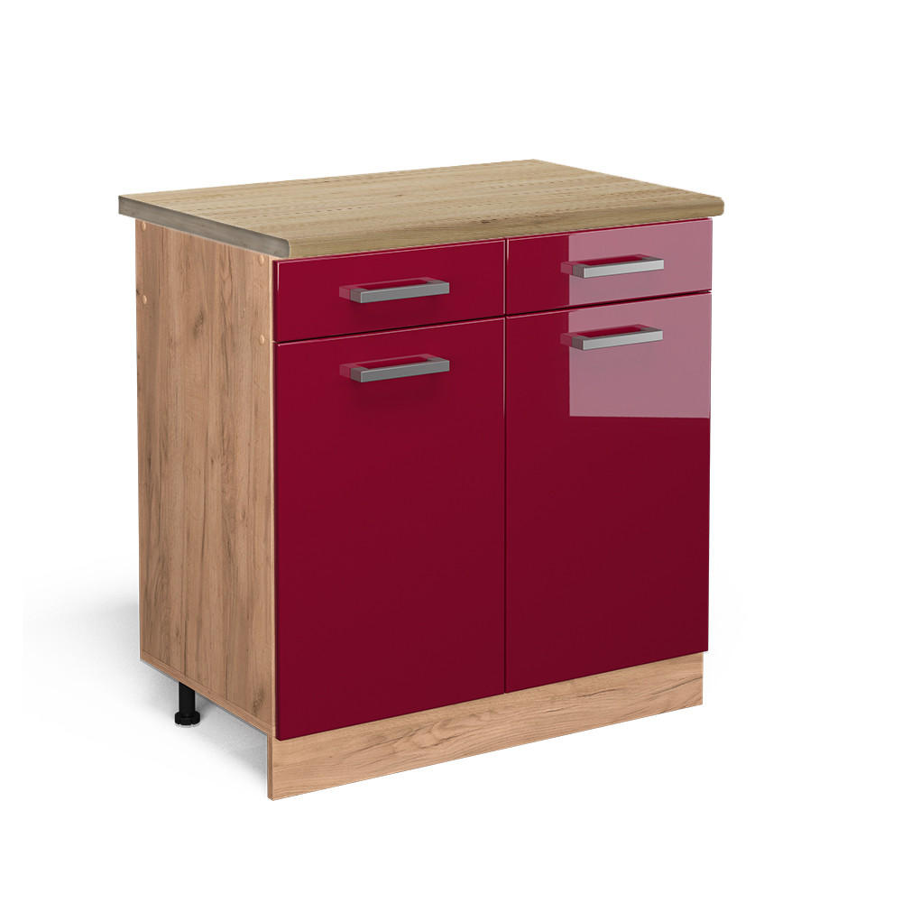 KÜCHENUNTERSCHRANK R-Line Rot Hochglanz 80 cm , AP Eiche - Honigeiche/Bordeaux, Holzwerkstoff (80/81.6/60cm) - Vicco