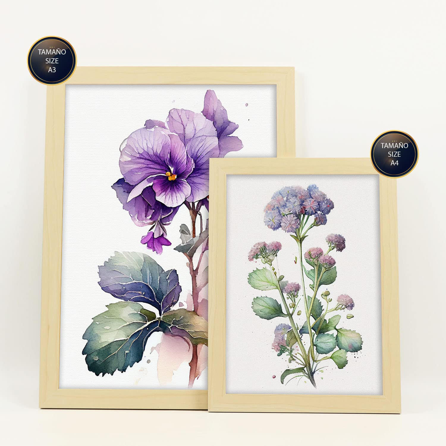 POSTER Set Mit 6 Violett Vollfarbige Natur Und Botanikdrucke Mit Blumenmotiven Auf Reinweißen Hintergründen A3 & A4 Rahmen Aus Hellem Holz - Beige, Papier (29/3cm) - Nacnic