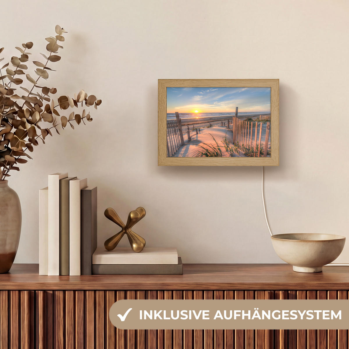 TISCHLEUCHTE Strand - Meer - Düne - Sonnenuntergang - Landschaft 20x15 cm - Creme, Holzwerkstoff (8/20/15cm) - OnlyWow