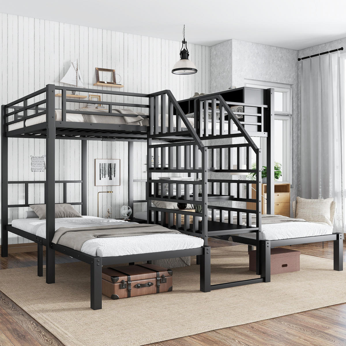 ETAGENBETT mit 3 Schlafplätzen 90x200 & 140x200 cm in Schwarz mit Stauraum - Schwarz, Metall (140/200cm) - IVMEU