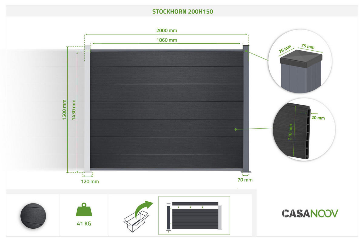 ERWEITERUNGSSET für Verbundzaun 2 m STOCKHORN H. 150 cm auf Sockel, grau - Grau, Holzwerkstoff (200/150cm) - Casanoov