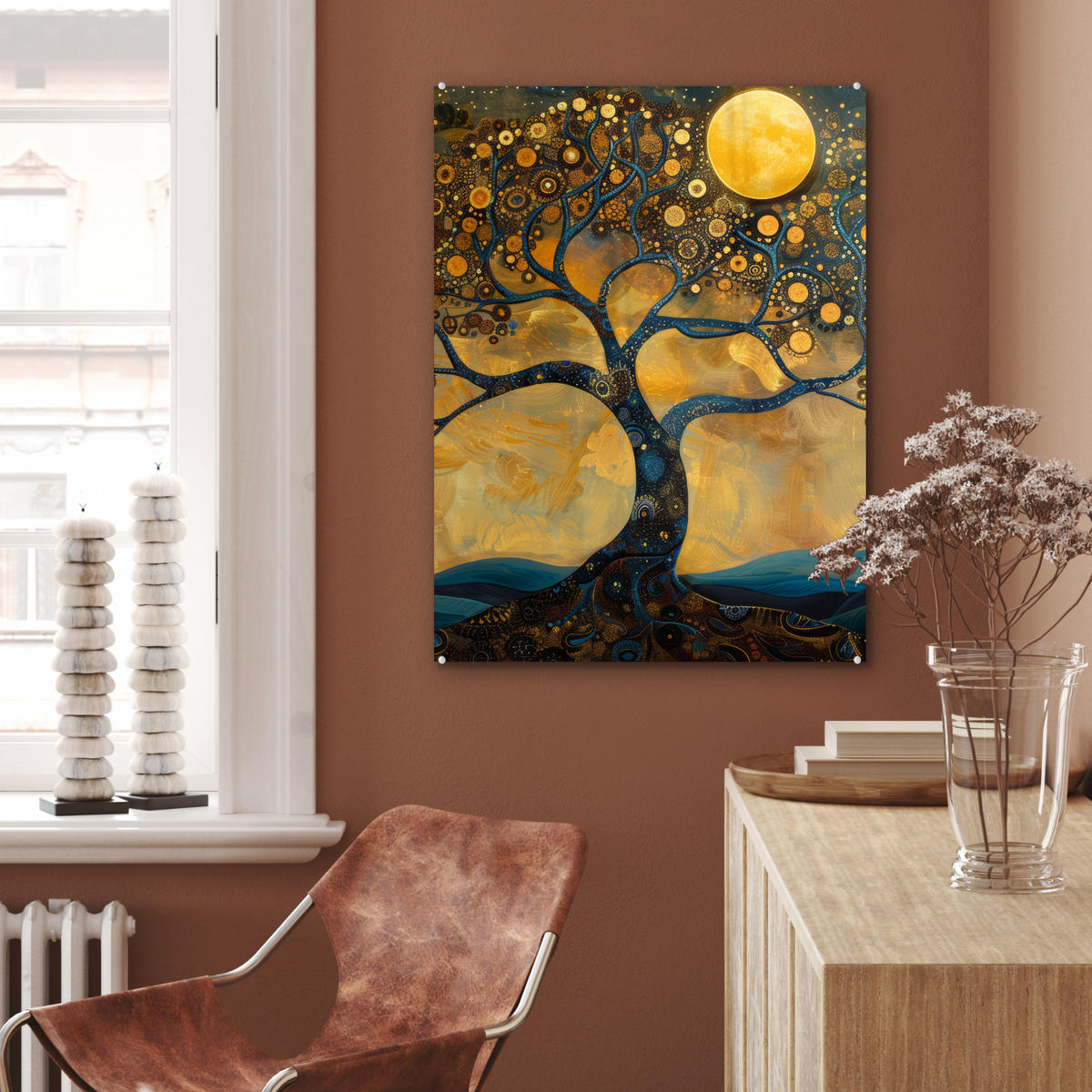 ACRYLGLASBILD Baum - Mond - Blumen - Gold - Kunst 60x80 cm - Orange, Glas (60/80cm) - MuchoWow