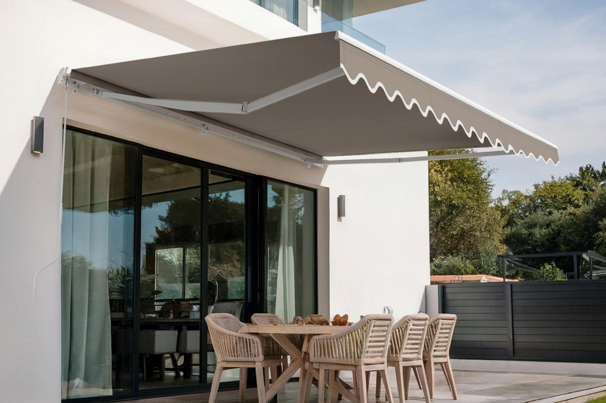 MONOBLOCK-MARKISE VECCHIO Weißes Gestell - leinwand Taupe 3x2,5m - Premium-Leinwand 320g/m² - Taupe, Metall (304/218/250cm) - Cazeboo