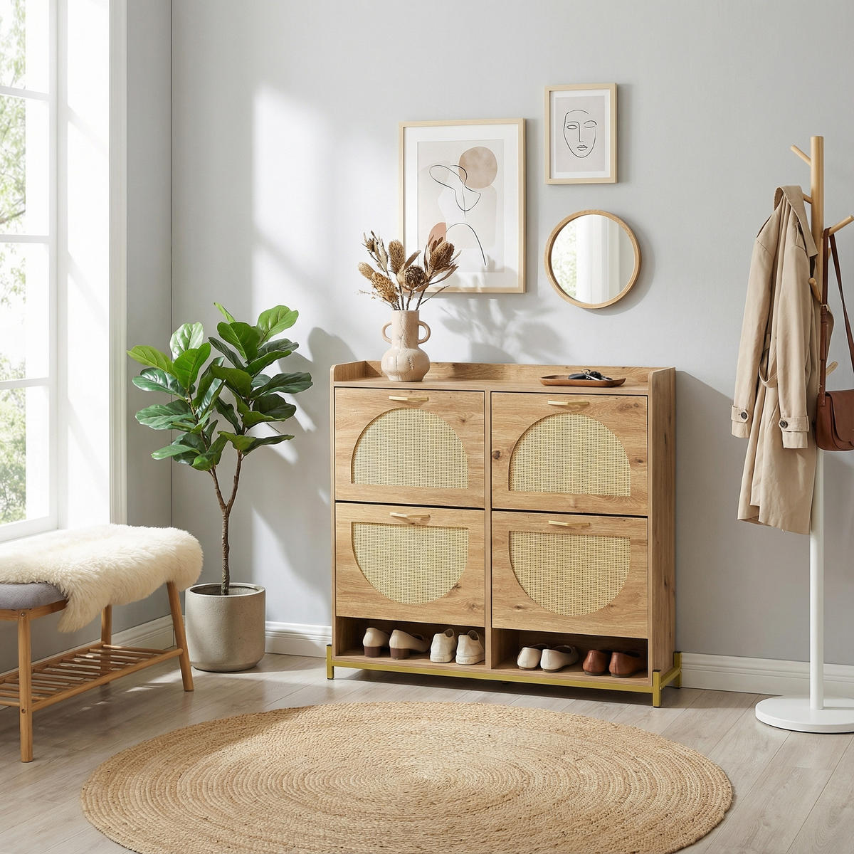 SCHUHKIPPER 109 cm in Holz-Optik & Rattan - Eichefarben, Holzwerkstoff (108/100/24cm) - Urban Meuble