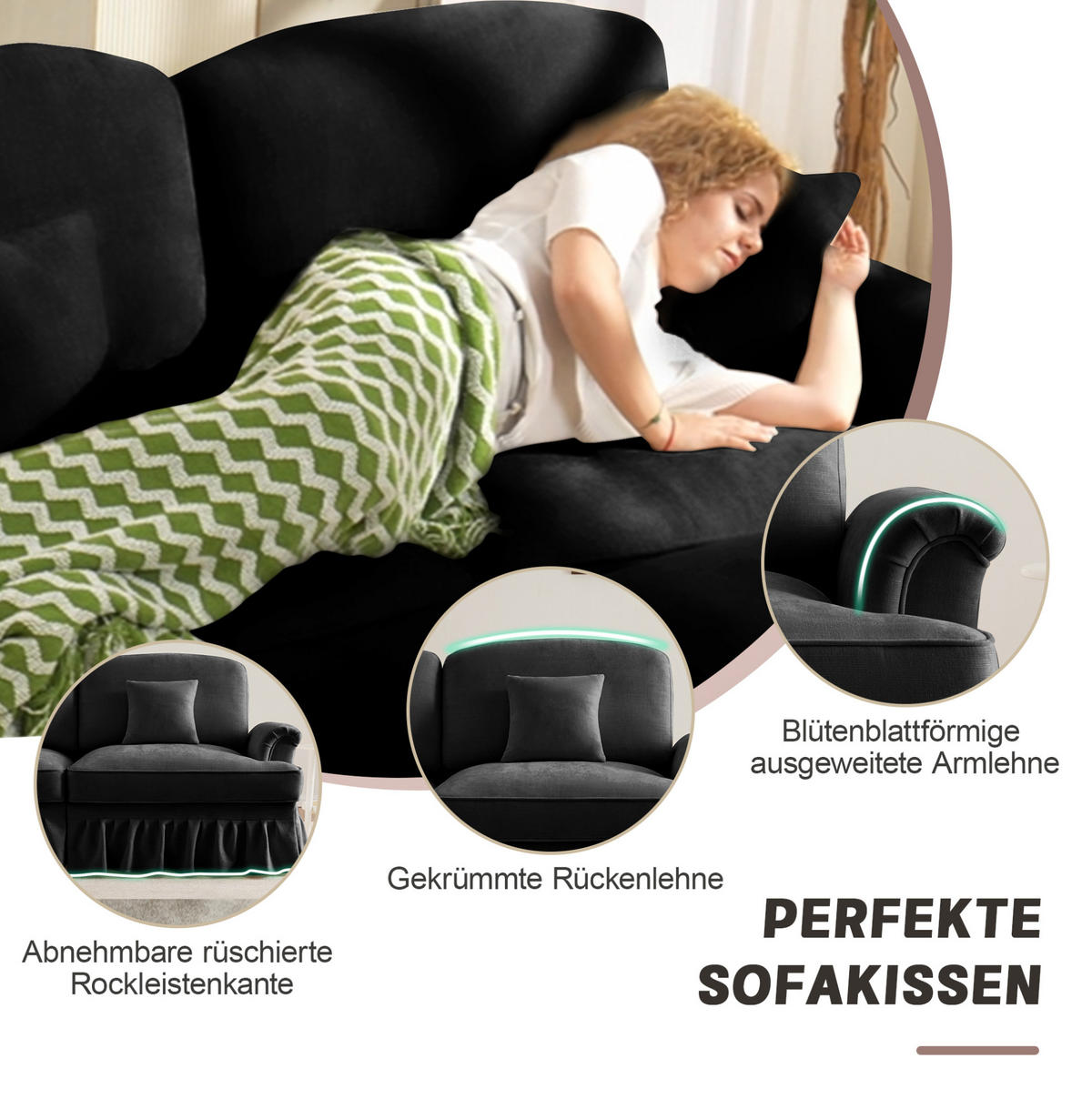 2-SITZER aus Chenille in Schwarz mit abnehmbarem Rüschenrock - Schwarz, Textil (83.5/93/194cm) - Modfu