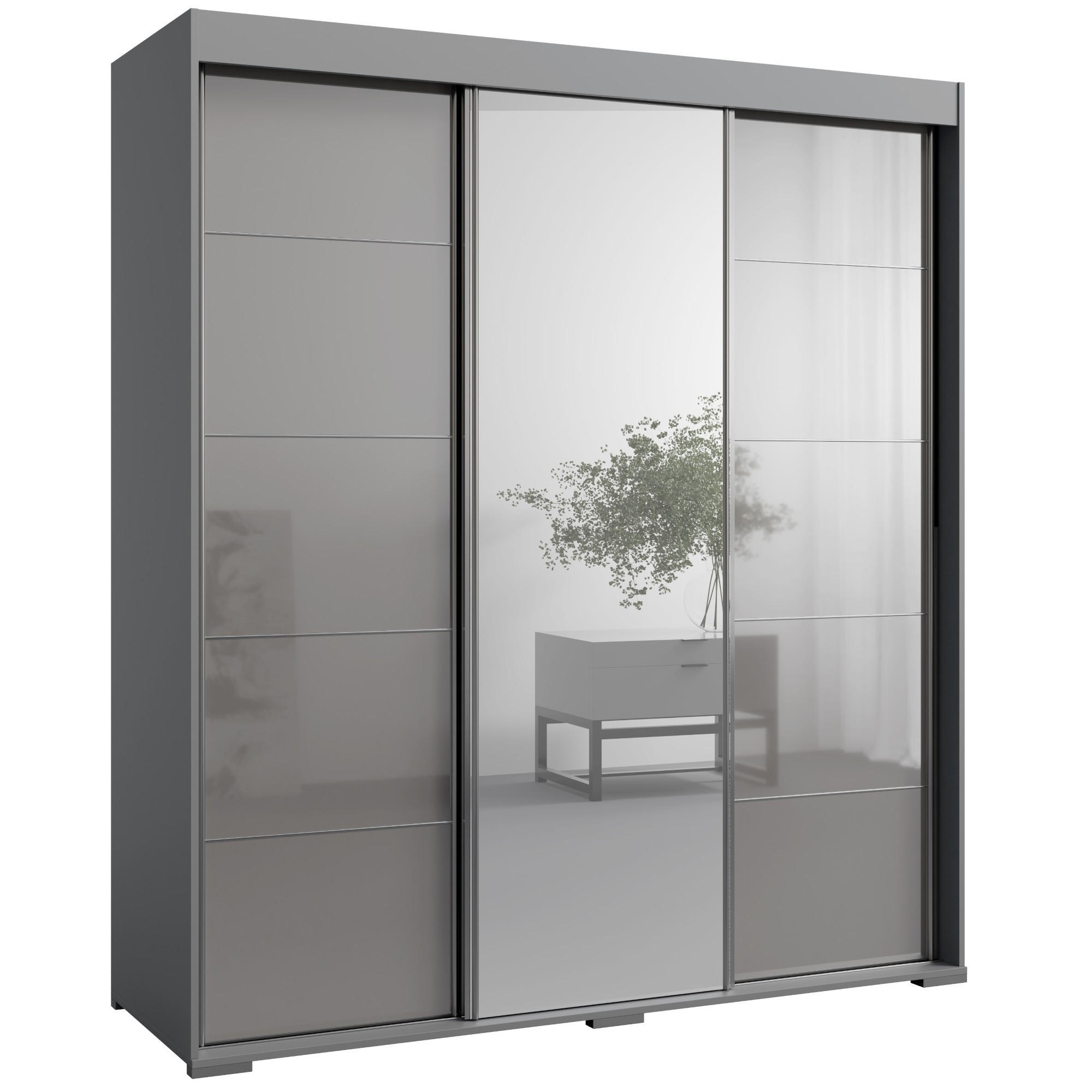 SCHIEBETÜRENSCHRANK mit Schubladen und Spiegel Como 3D1L 180 Grau (lacobel) - Silberfarben/Grau, Holzwerkstoff/Metall (180/208/67cm) - mzm24