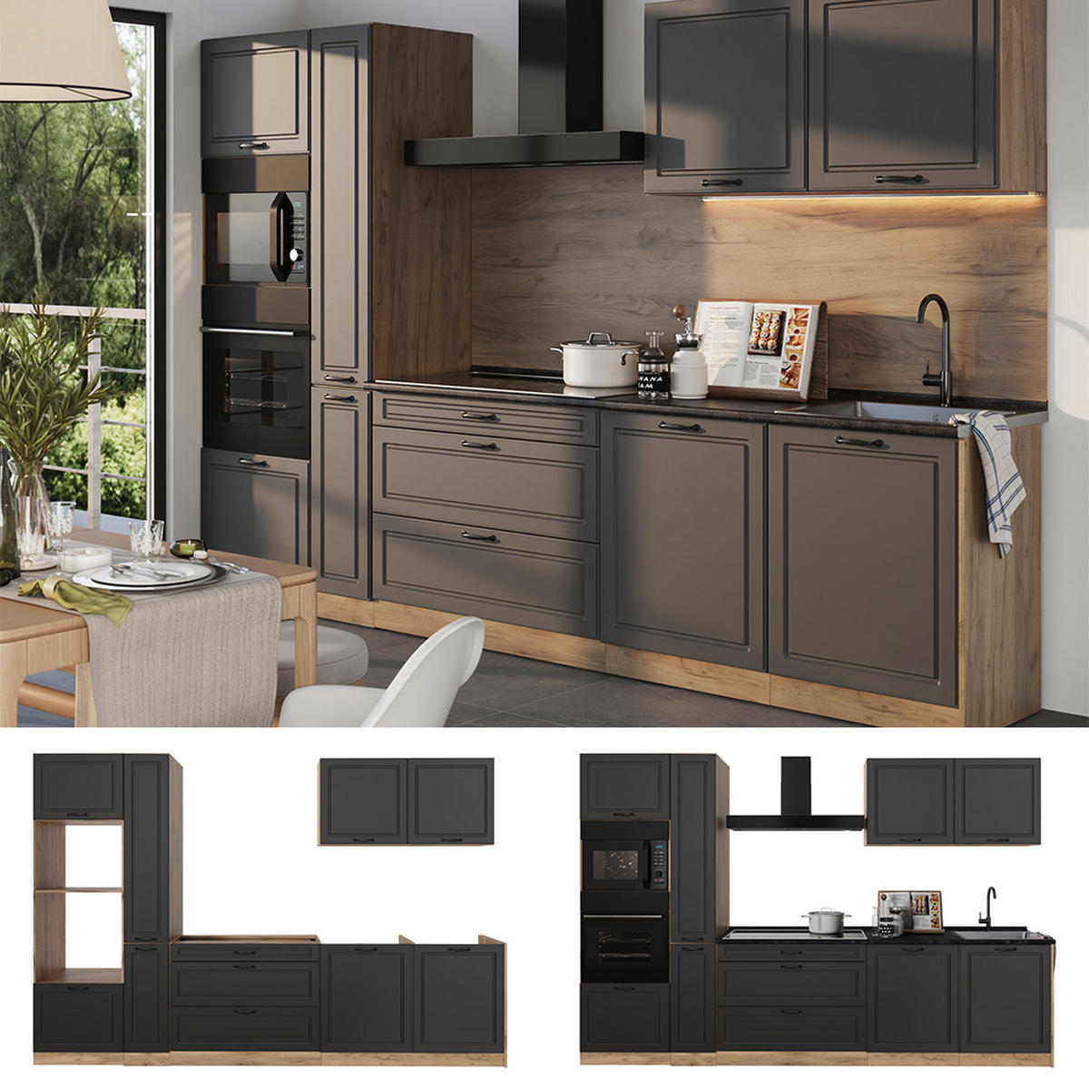 KUCHYNKA R-Line, Antracitový vidiecky dom/Dub Goldkraft, 310 cm Marmori työtaso - dub medový/antracitová, kompozitné drevo (310/206.8/60cm) - Vicco