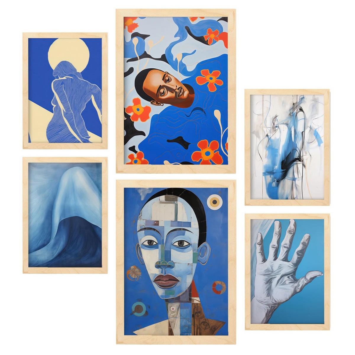 POSTER Set Mit 6 Zusammenfassung Blues In Vielseitiger A3 & A4 Rahmen Aus Hellem Holz - Beige, Papier (29/3cm) - Nacnic
