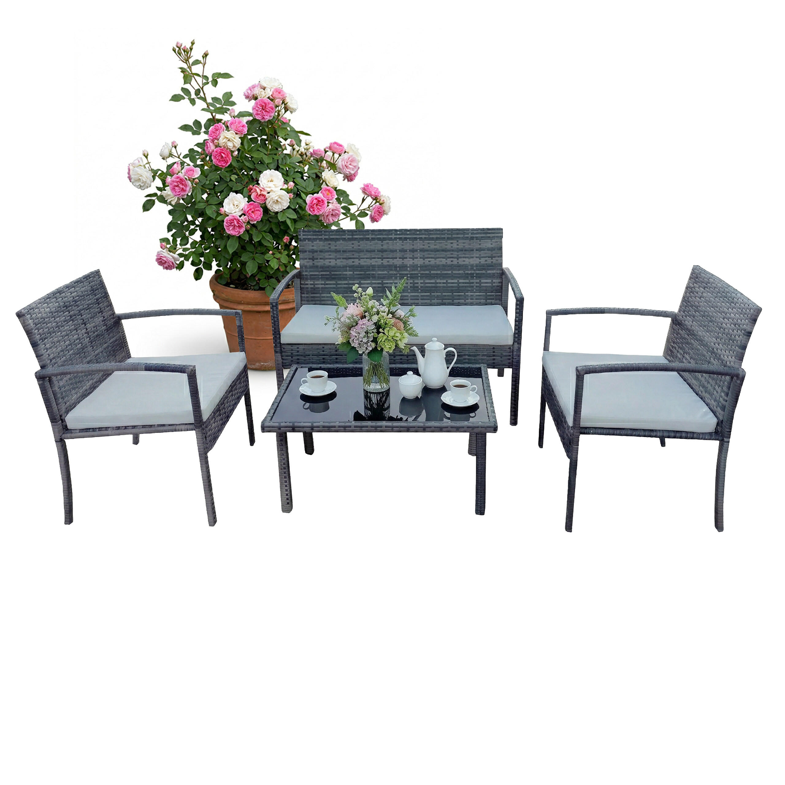 4-TLG.GARTENMÖBEL-SET - Grau, Glas/Kunststoff - Relaxdays