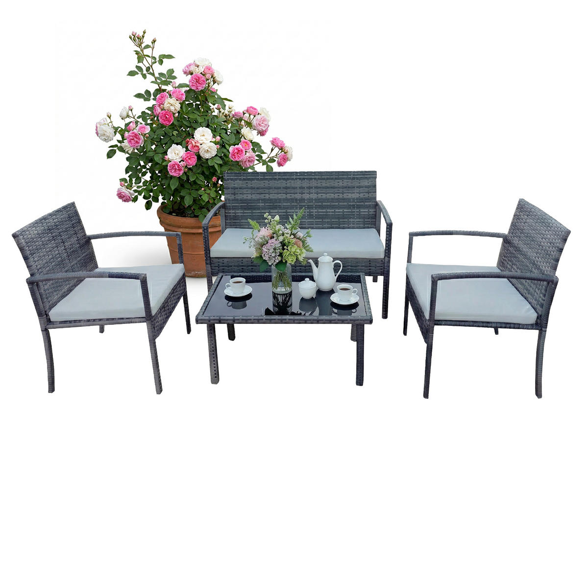 4-TLG.GARTENMÖBEL-SET - Grau, Glas/Kunststoff - Relaxdays