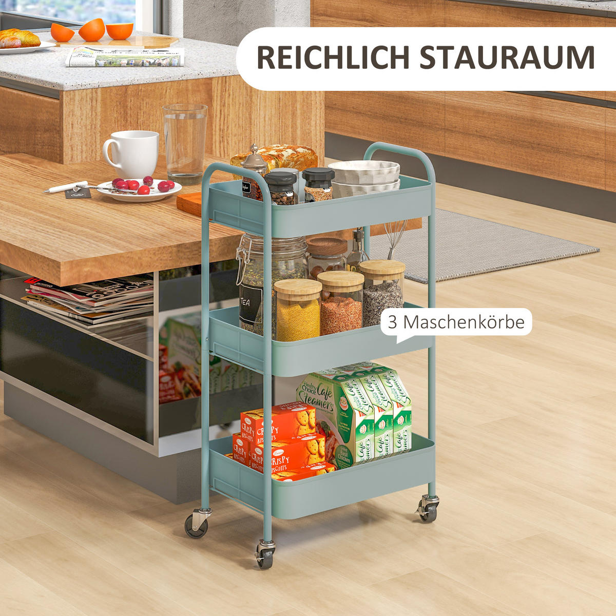 SERVIERWAGEN Rollwagen mit 3 Etagen, für Küche, Wohnzimmer, Stahl, Hellblau - Hellblau, Metall (30.6/79/45cm) - HOMCOM