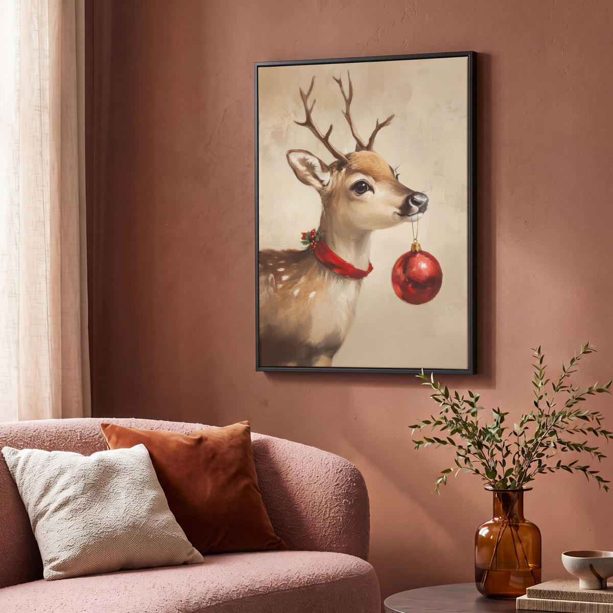 LEINWAND Bilder mit Rahmen - Weihnachten - Hirsch - Geweih - Weihnachtskugel - Rentier - 70x100 - Hellbraun, Textil (70/100cm) - MuchoWow