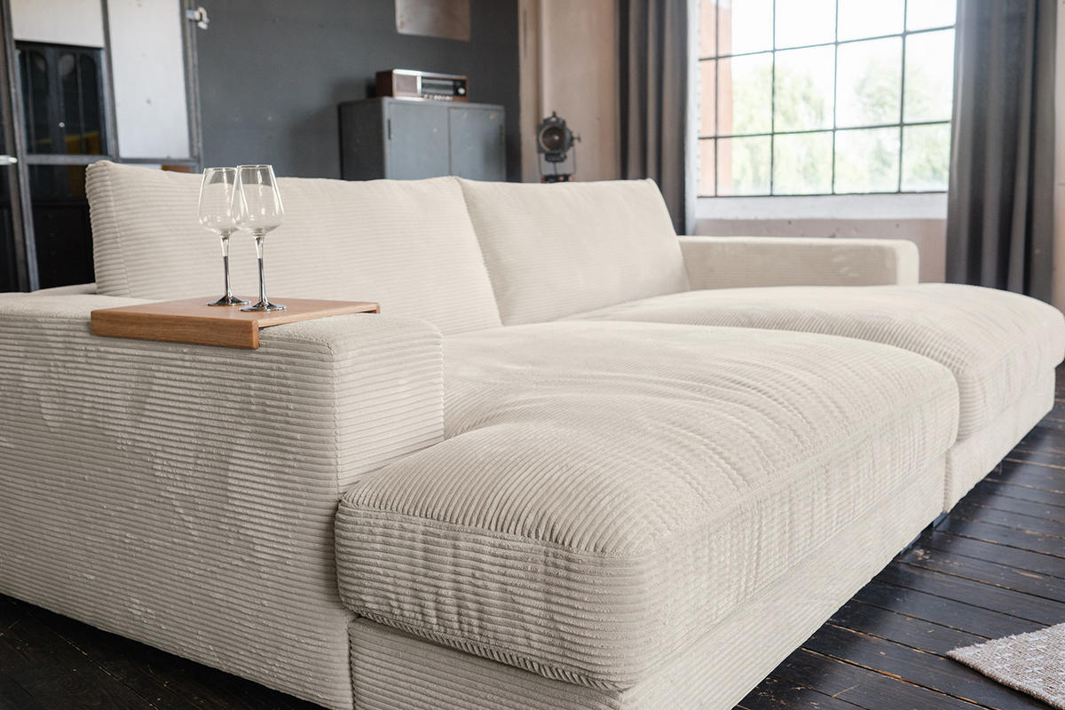 BIG SOFA-SET MIT TABLETT NATUR MADELINE Cremeweiß Cord - Creme/Schwarz, Kunststoff/Textil (290/85/170cm) - KAWOLA
