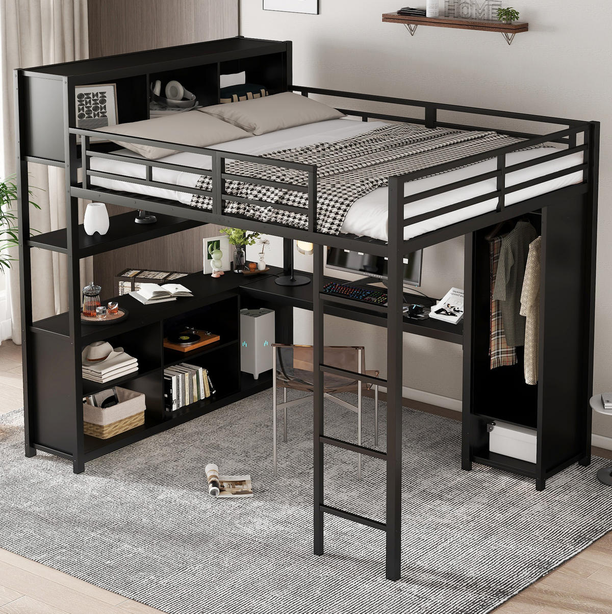 HOCHBETT 140/200 cm Schwarz aus Eisen und Spanplatte mit Schreibtisch und Kleiderschrank - Schwarz, Metall (90/200cm) - OKMYHOME