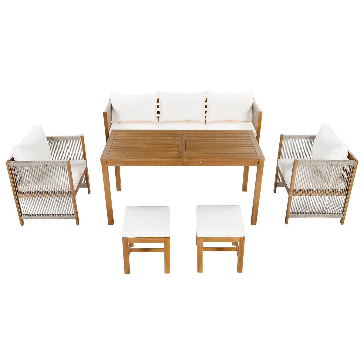 GARTENMÖBEL-SET 195/57/71 cm beige aus Polyester mit Akazienholz-Tischplatte für 7 Personen - Beige, Metall - OKWISH