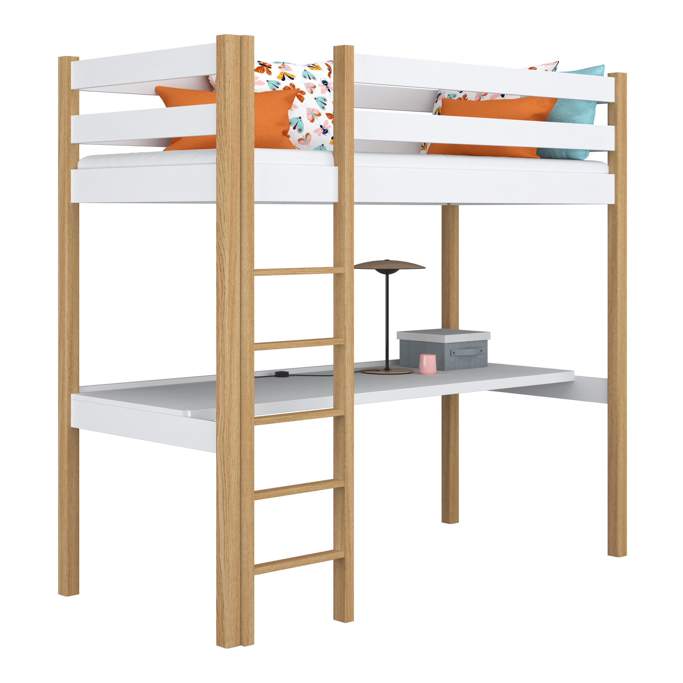 HOCHBETT N05 mit Schreibtisch Weiß / Eiche Natur 80/190 - Eiche Artisan/Weiß, Naturmaterialien/Holz (80/190cm) - N-Wood