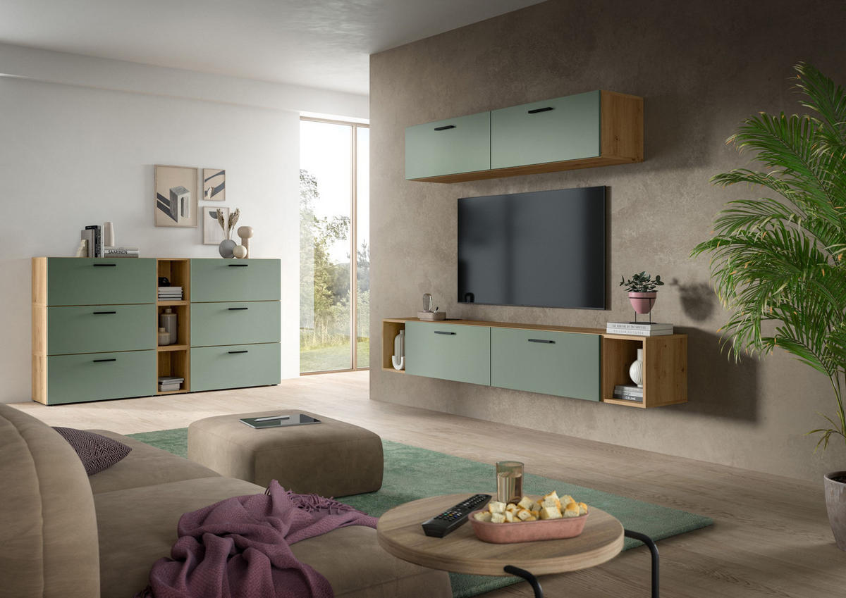 WOHNKOMBINATION THE ONE (B/H/T: ca. 202/184/34 cm) in Artisan Oak Nachbildung/Smoke Green - Eiche Artisan, Holzwerkstoff (202/184/34cm)