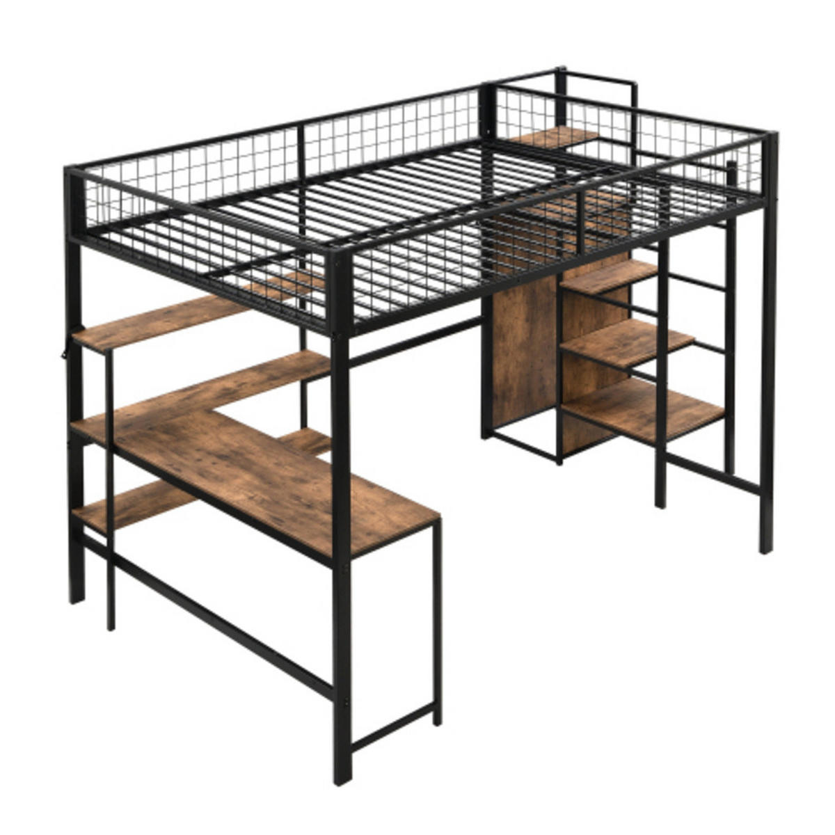 HOCHBETT 140 × 200 cm aus Metall und MDF mit Schreibtisch, Regalen und Kleiderschrank, schwarz - Schwarz, Holzwerkstoff - Luhomfu