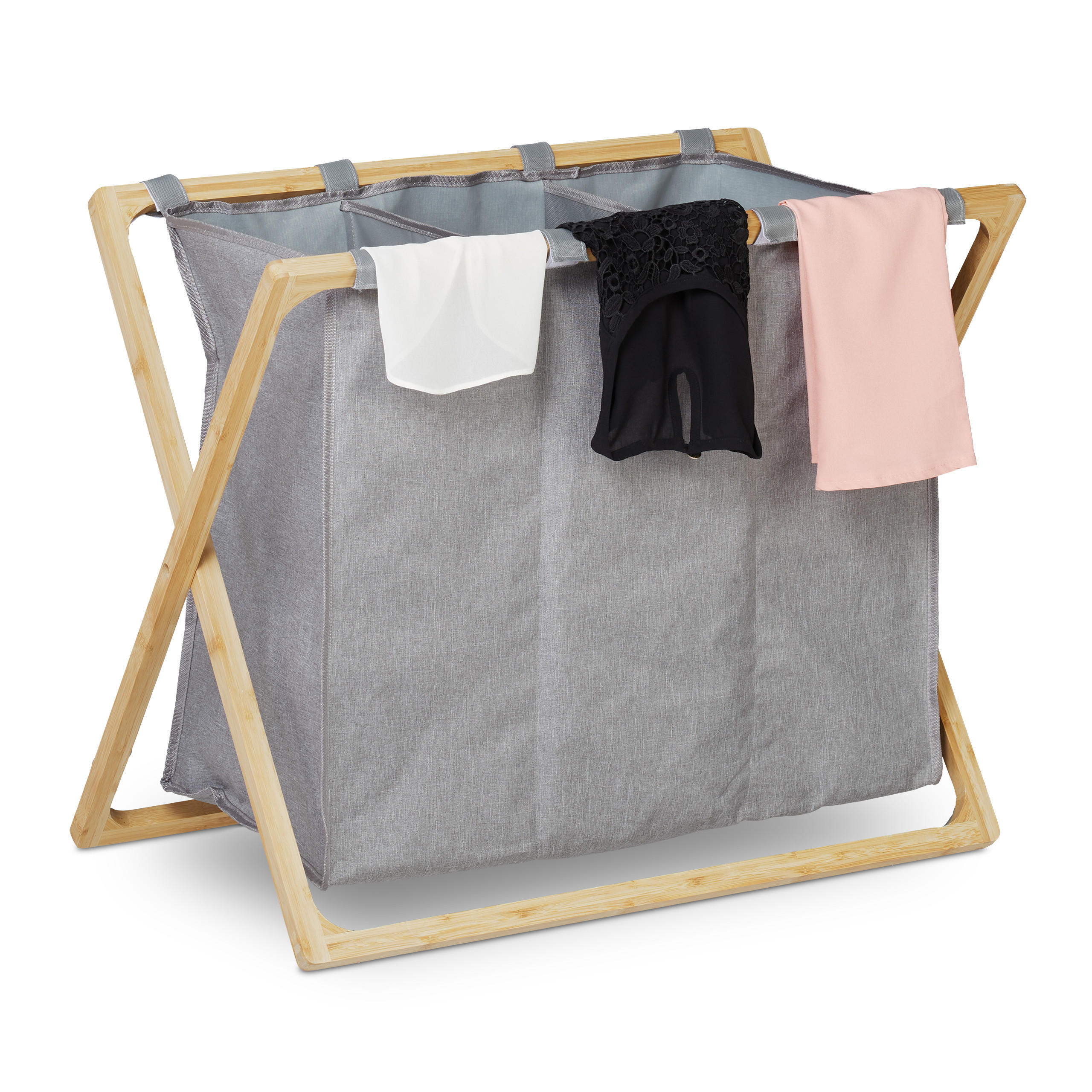 WÄSCHESORTIERER klappbar - Grau, Holz/Textil (69/57.5/38cm) - Relaxdays