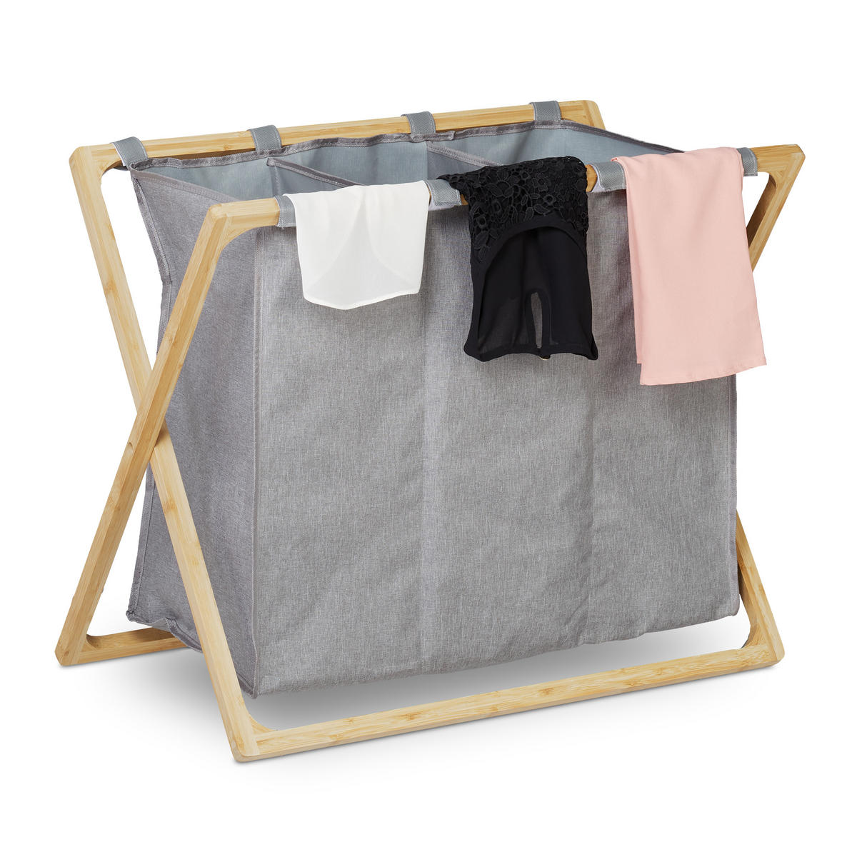 WÄSCHESORTIERER klappbar - Grau, Holz/Textil (69/57.5/38cm) - Relaxdays