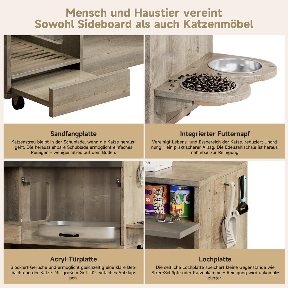SIDEBOARD Katzentoiletten-Schrank mit versteckter Acryl Tür und Stauraum, MDF Holzoptik kompakt - Transparent/Eichefarben, Holzwerkstoff/Kunststoff (100/67/45.5cm) - EVRYAE