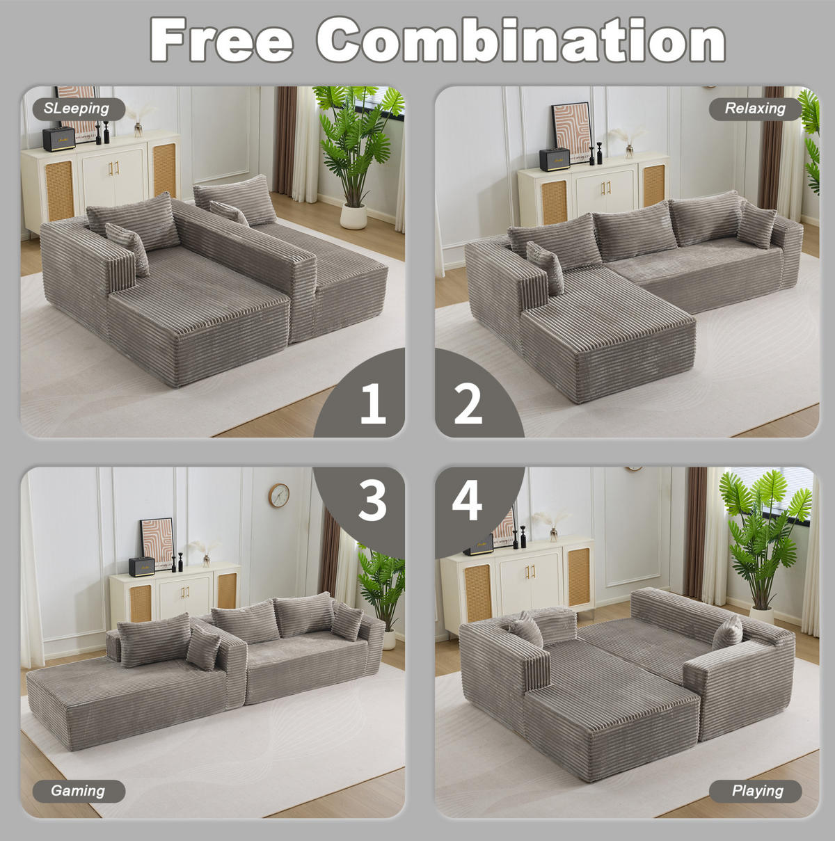 SOFA modulares Ecksofa L-Form Cord Grau 2-tlg. - Grau, Kunststoff (179/279cm) - Meubliv