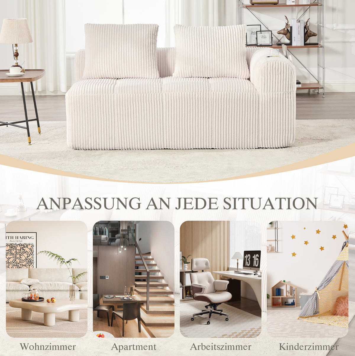 SOFA 2-Sitzer kompakt 158 x 93 x 61 cm Cord Beige - Beige, Kunststoff (158/61/93cm) - Meubliv