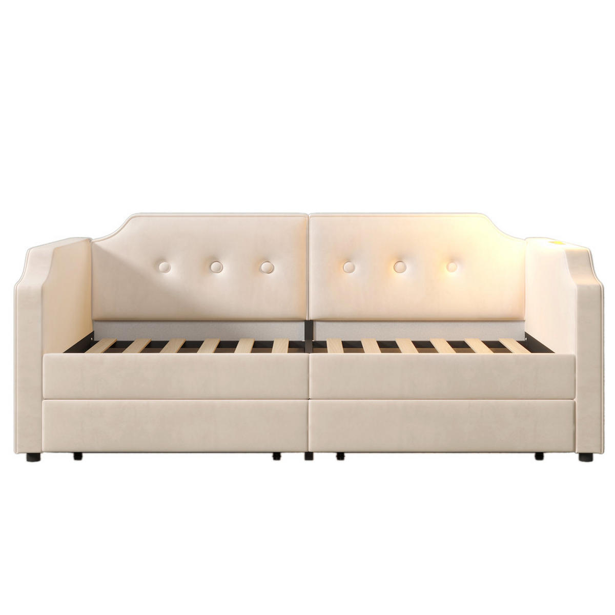 TAGESBETT 90x200cm Schlafsofa USB-C Leselicht 2 Schubladen Beige Samt - Beige, Holz (90/200cm) - FLIEKS