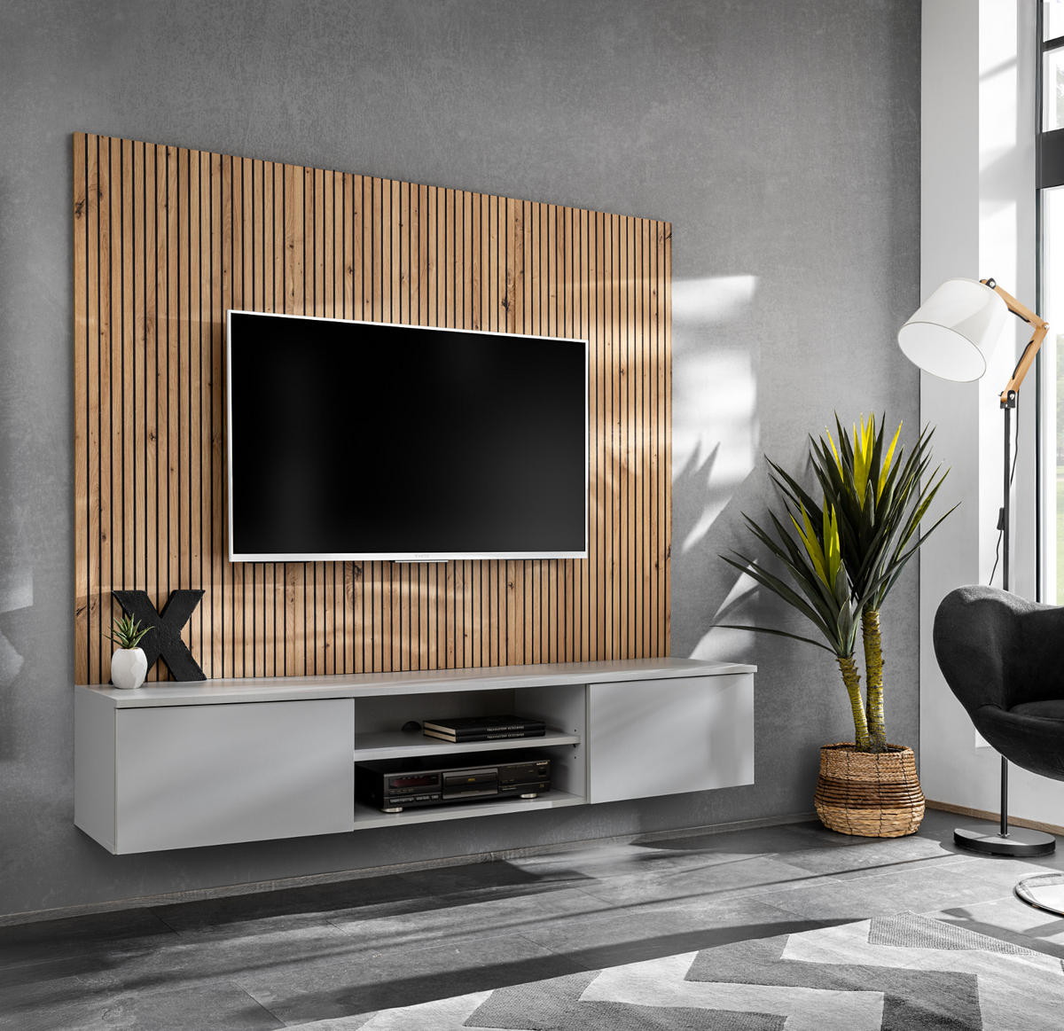 TV-LOWBOARD grau, Eiche Artisan 160 cm, TV-Unterschrank mit Akustikpaneel - Hellgrau/Eiche Artisan, Glas/Holzwerkstoff (160/148/35cm) - Inn.Furn